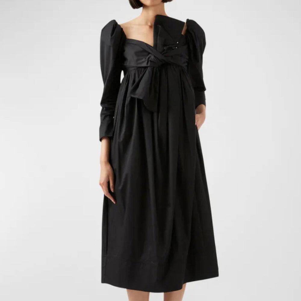 Aje Valentina Black Bow-Tie Cotton Poplin Midi Dress US 2 NWT